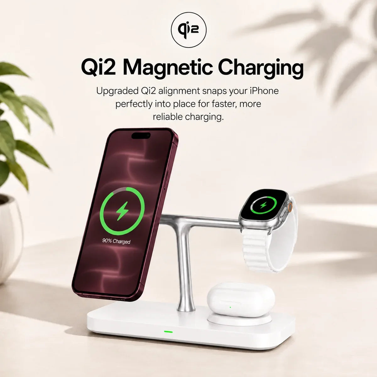 Arctic White three device wireless charging station holding a Burgundy phone magnetically. #color_Arctic White