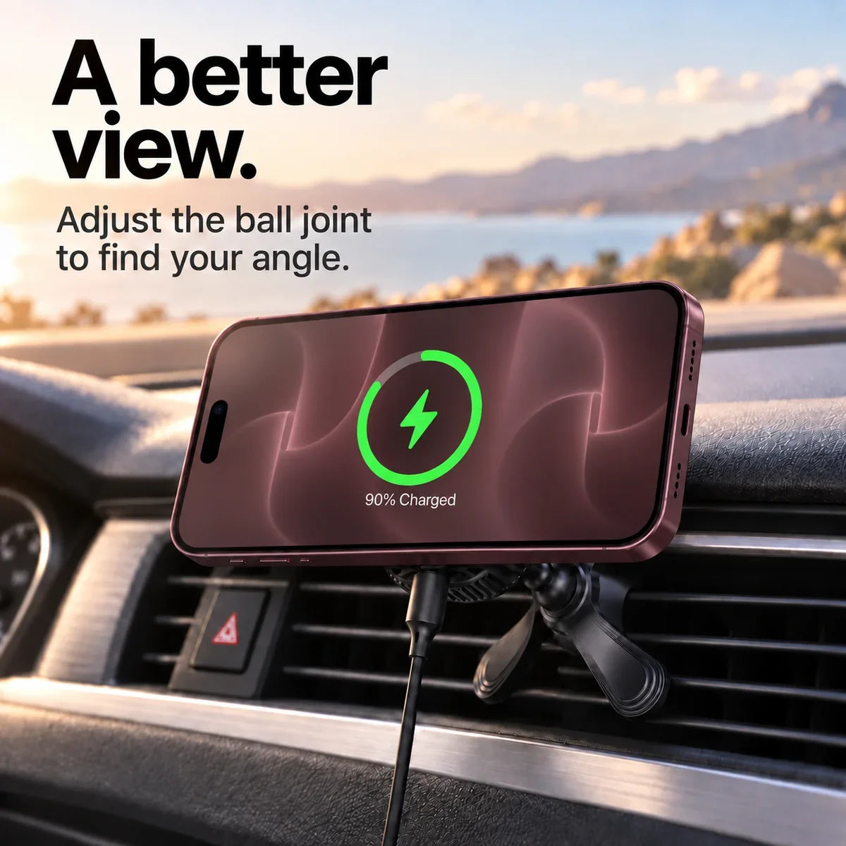 Burgundy iPhone in landscape with softly blurred Burgundy wallpaper and a green charging indicator on an adjustable black car charger; text describes viewing angles. #color_Midnight Black