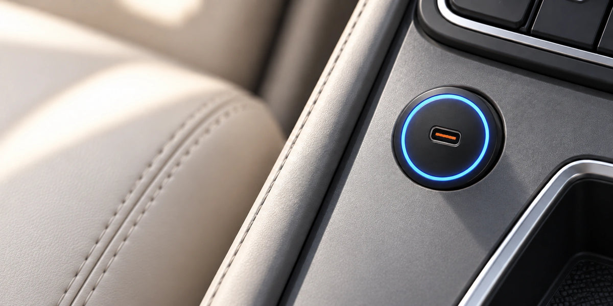 Single USB-C socket with orange inner tongue on a black car charger seated flush in the console.