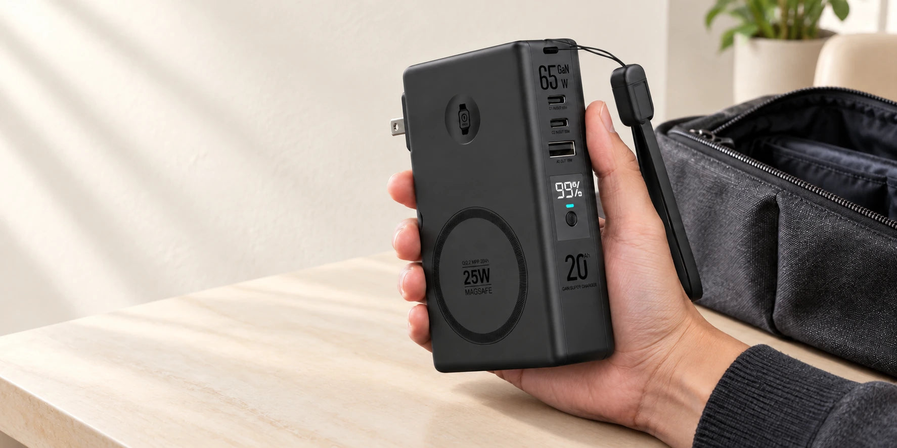 Hand holding a black high-capacity magnetic power bank beside an open work bag.