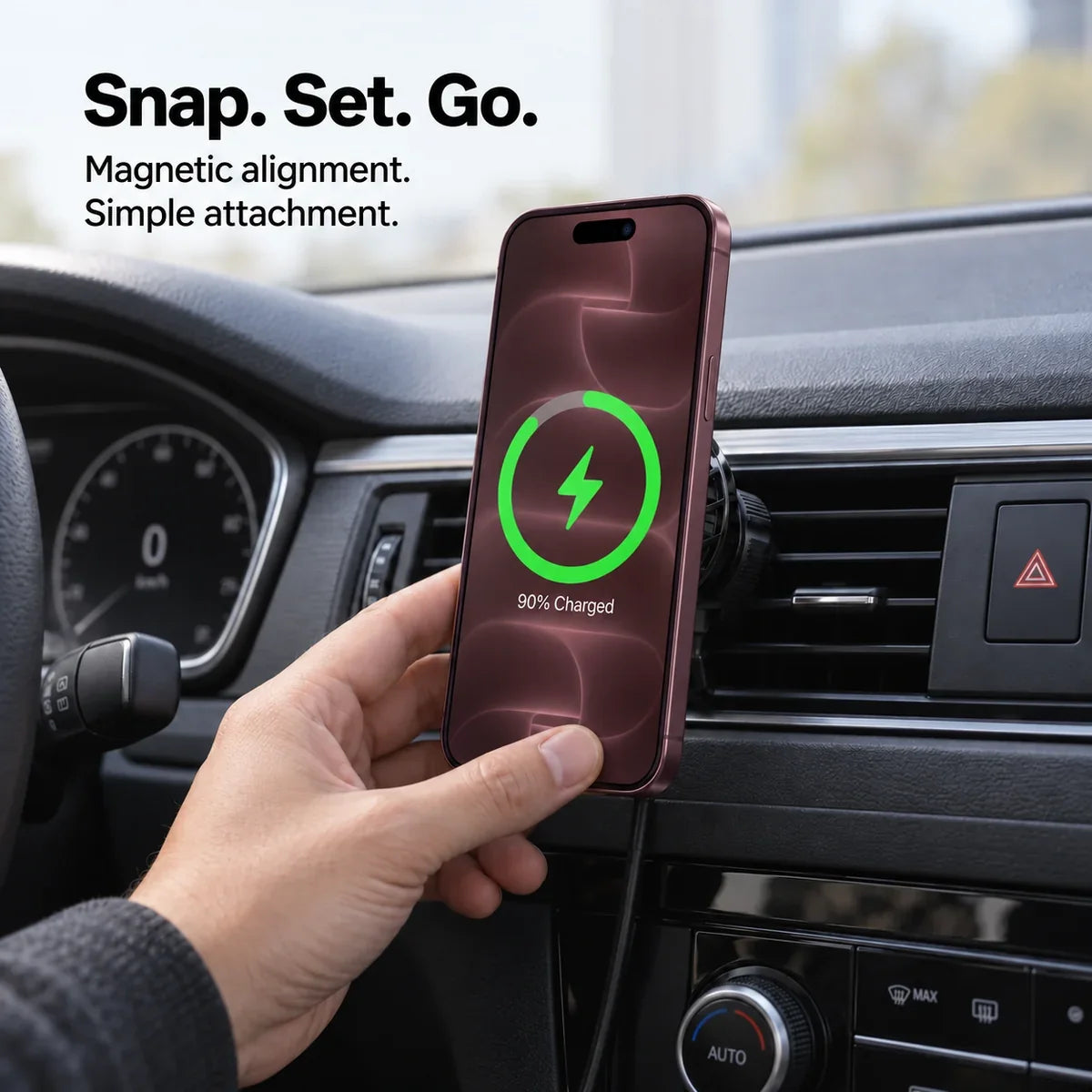 A hand placing a Burgundy phone on a black magnetic vent charger, with softly blurred Burgundy wallpaper, a green charging indicator and snap-on attachment text. #color_Midnight Black