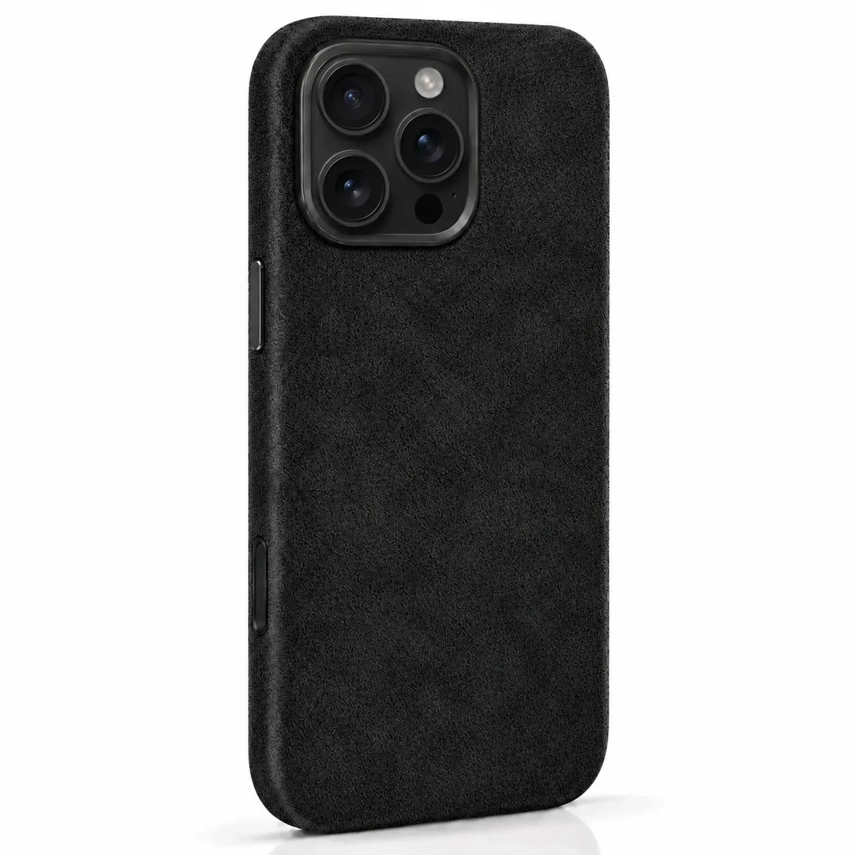 Midnight Black fabric iPhone case with a compact camera opening, angled rear view #color_Midnight Black
