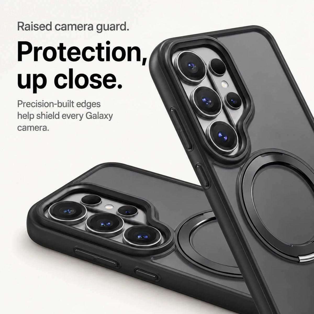 Black ring stand phone case showing its raised camera guard in two close views #color_Midnight Black