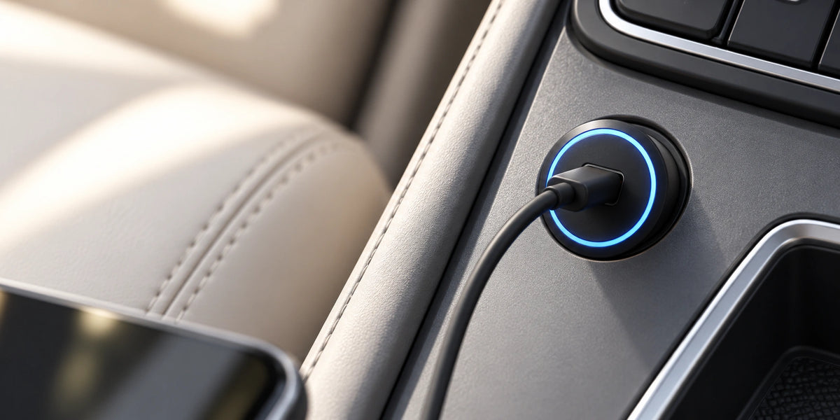 Black USB-C car charger fully seated in a console socket with one connected cable and a thin blue light ring.