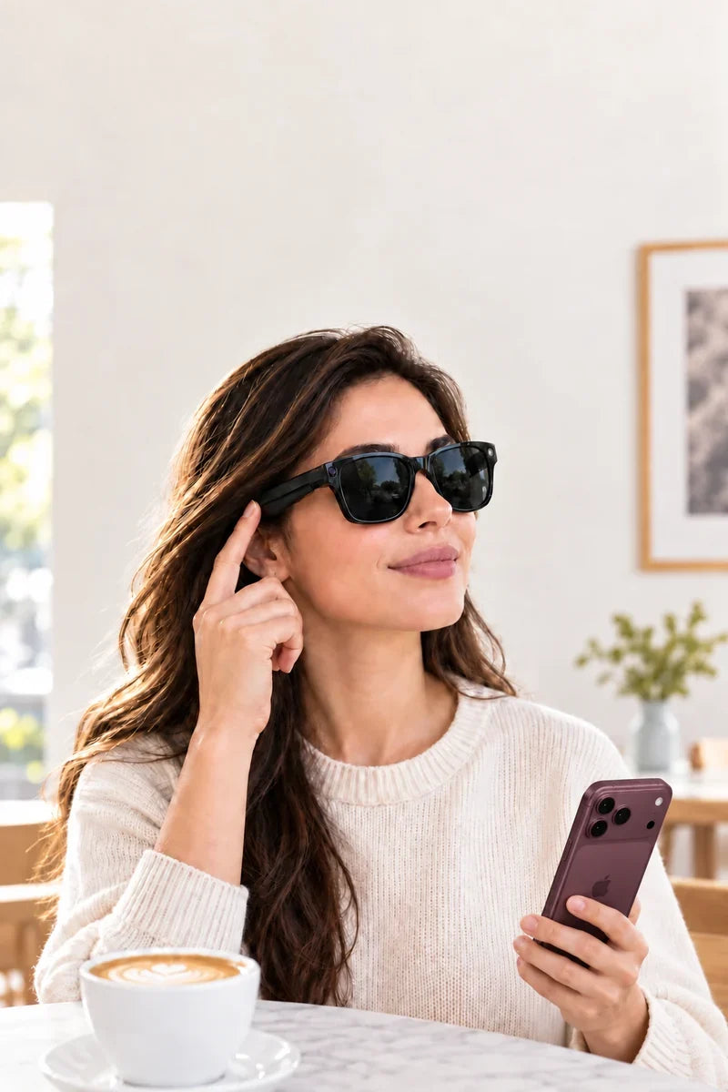 Person wearing the original black smart glasses and touching the temple control while listening.