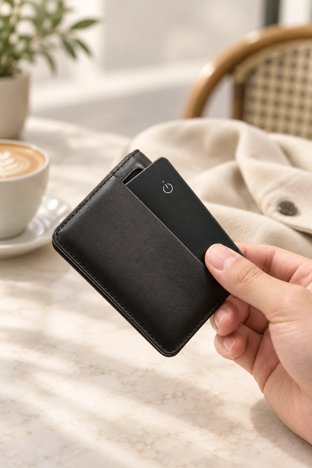 Hand sliding a thin black tracker card into a leather wallet slot.