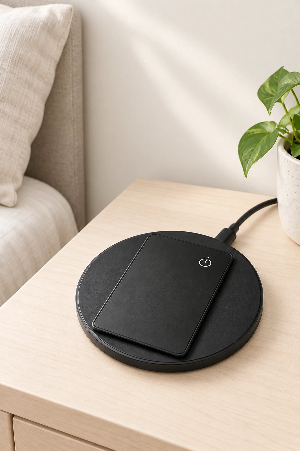 Black tracker card resting on a connected wireless charging pad.
