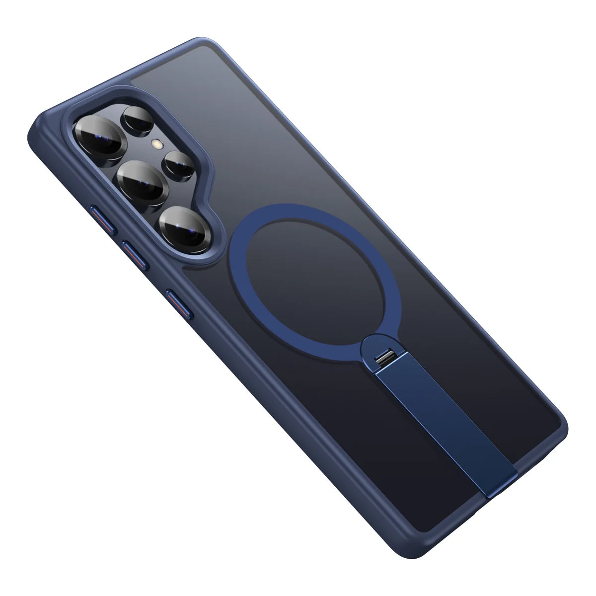 Blue phone case with a flat magnetic ring and a narrow folding support arm #color_Deep Blue