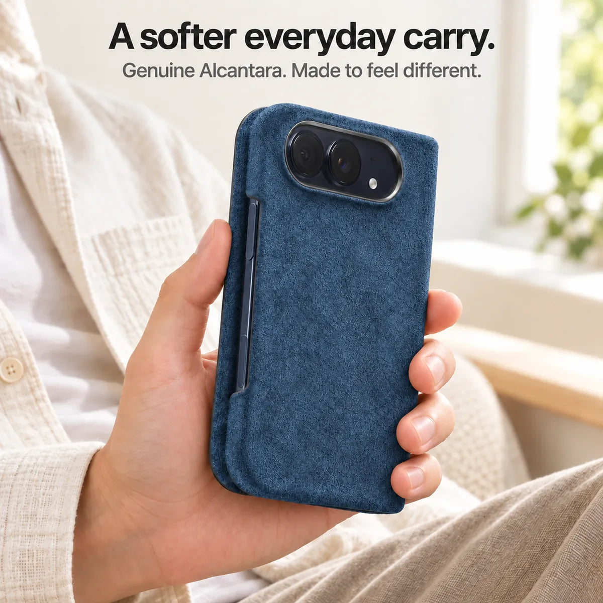 Deep Blue Alcantara folio case for iPhone Duo, held in a hand to show the soft fabric finish #color_Deep Blue