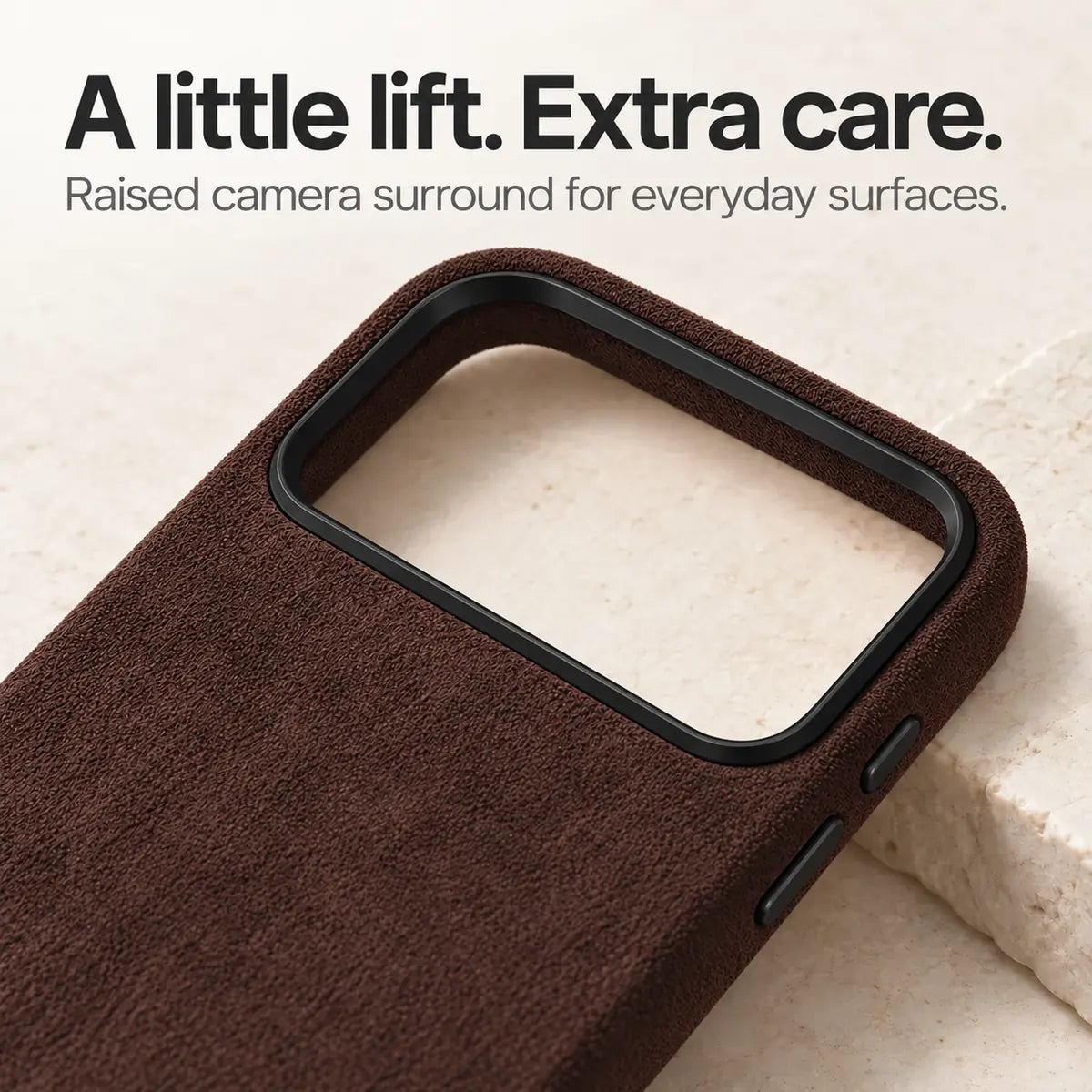 Brown fabric phone case with a close view of the raised camera surround. #color_Espresso Brown