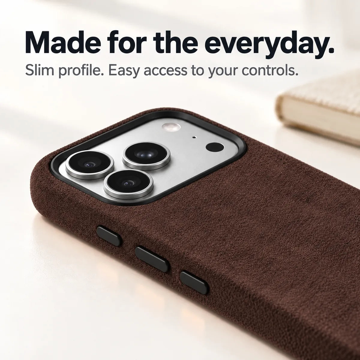 Brown fabric phone case with a close view of its slim side and controls. #color_Espresso Brown