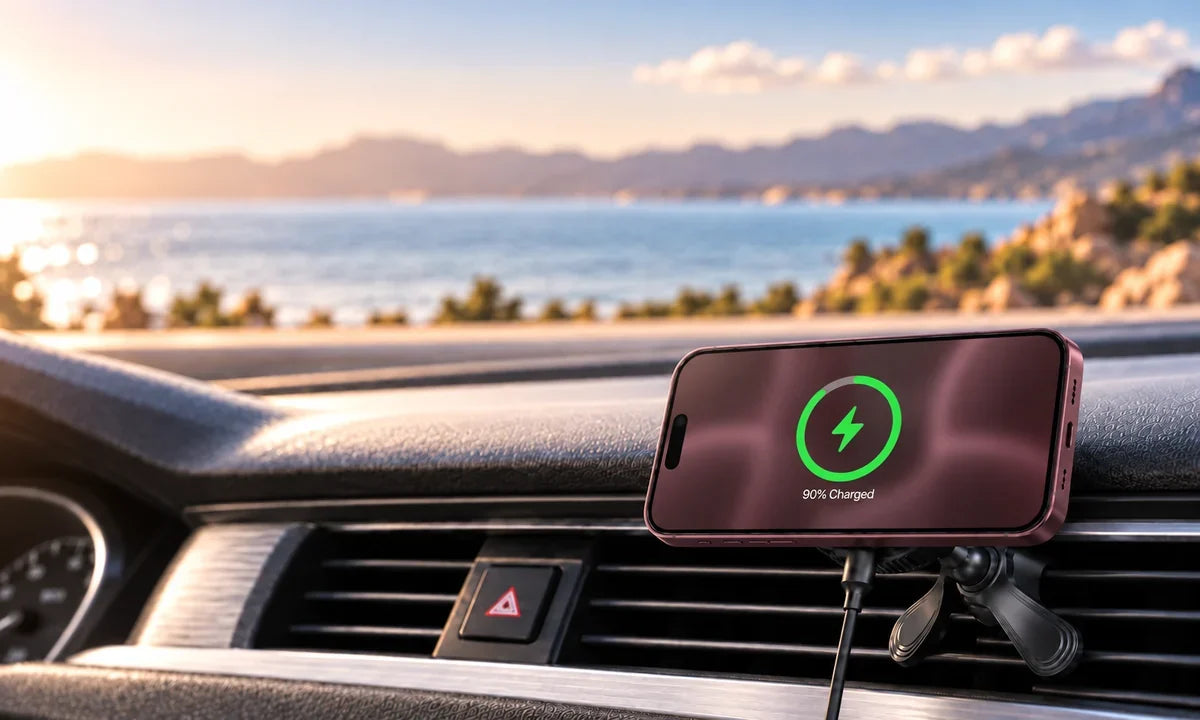 Silver iPhone with gray wallpaper and a green charging indicator positioned horizontally on a black magnetic car charger in a parked car.