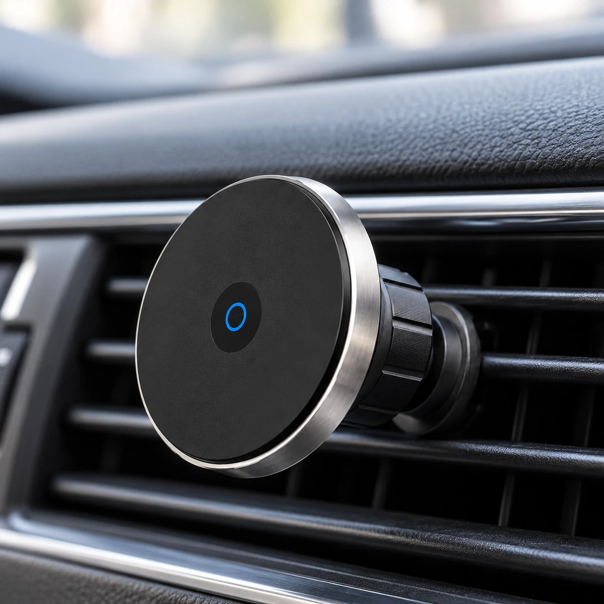 Close side view of a phone against a silver-rimmed magnetic charging head.