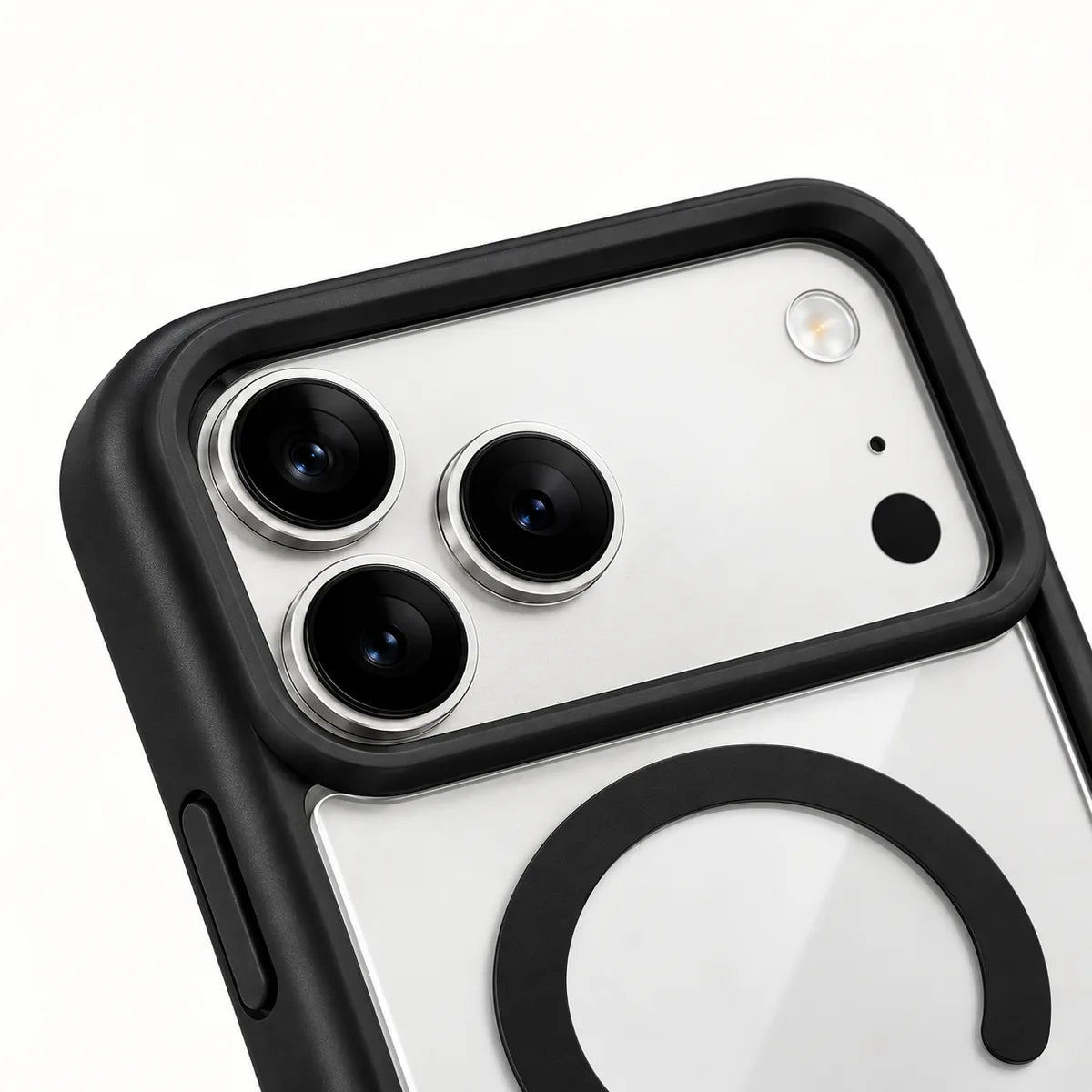 Close-up of the black case frame around a wide camera opening on a silver phone.