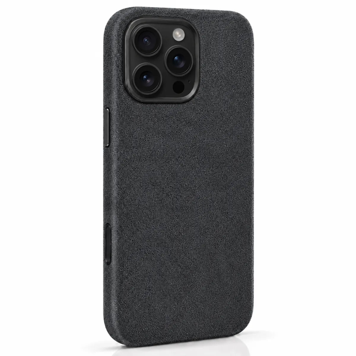 Dark gray fabric phone case with a compact square camera opening and black rim. #color_Charcoal Gray