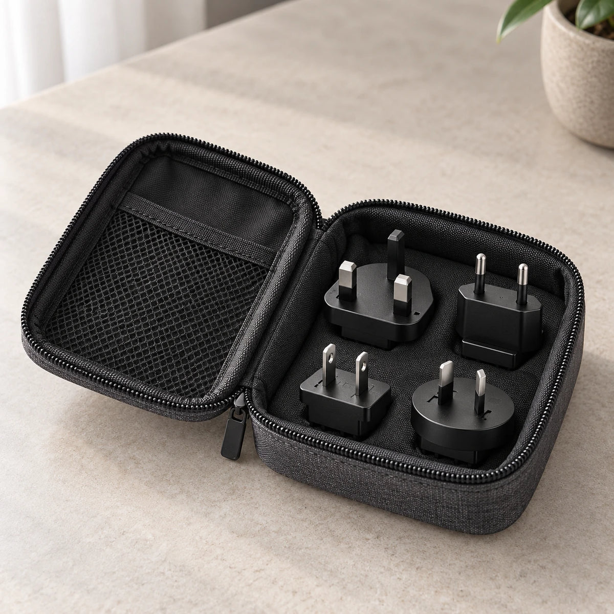 Four matching international plug adapters arranged in a travel pouch.