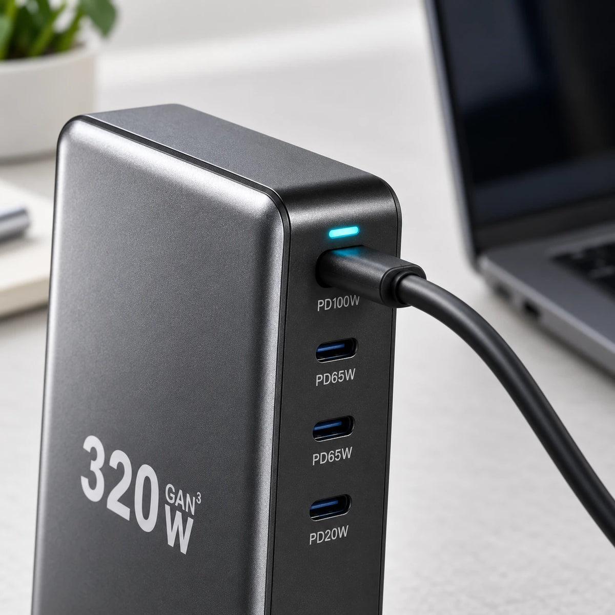 USB-C cable connected to the top port of a gray charging hub.