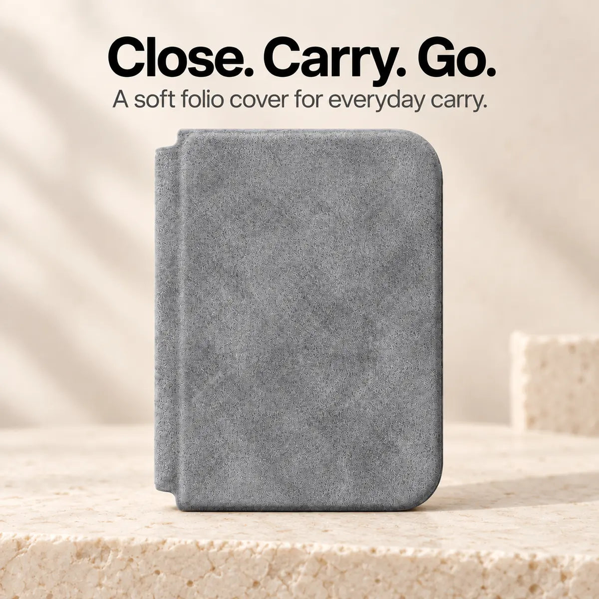 Mist Gray Alcantara folio case for iPhone Duo, closed front cover with a soft fabric finish #color_Mist Gray