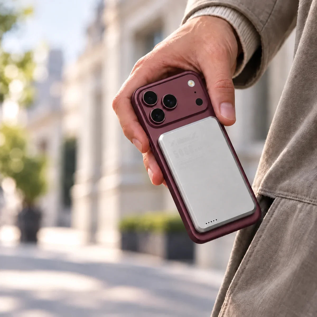 Hand carrying an orange phone with a gray slim magnetic power bank attached to its back.