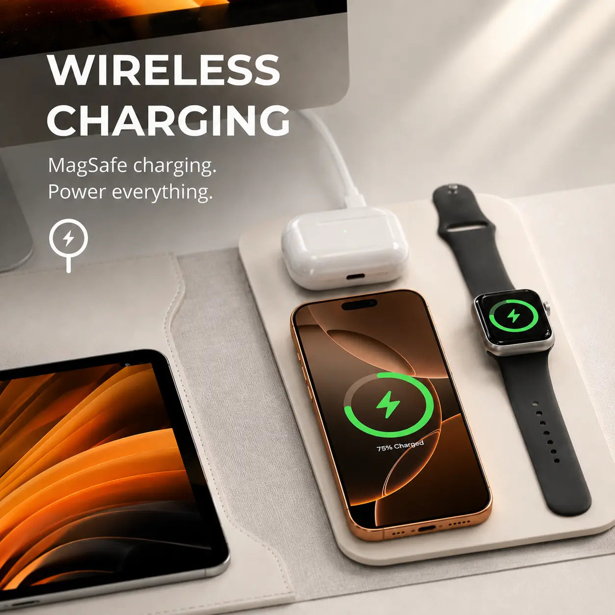 Laptop sleeve with built-in wireless charging for iPhone and AirPods