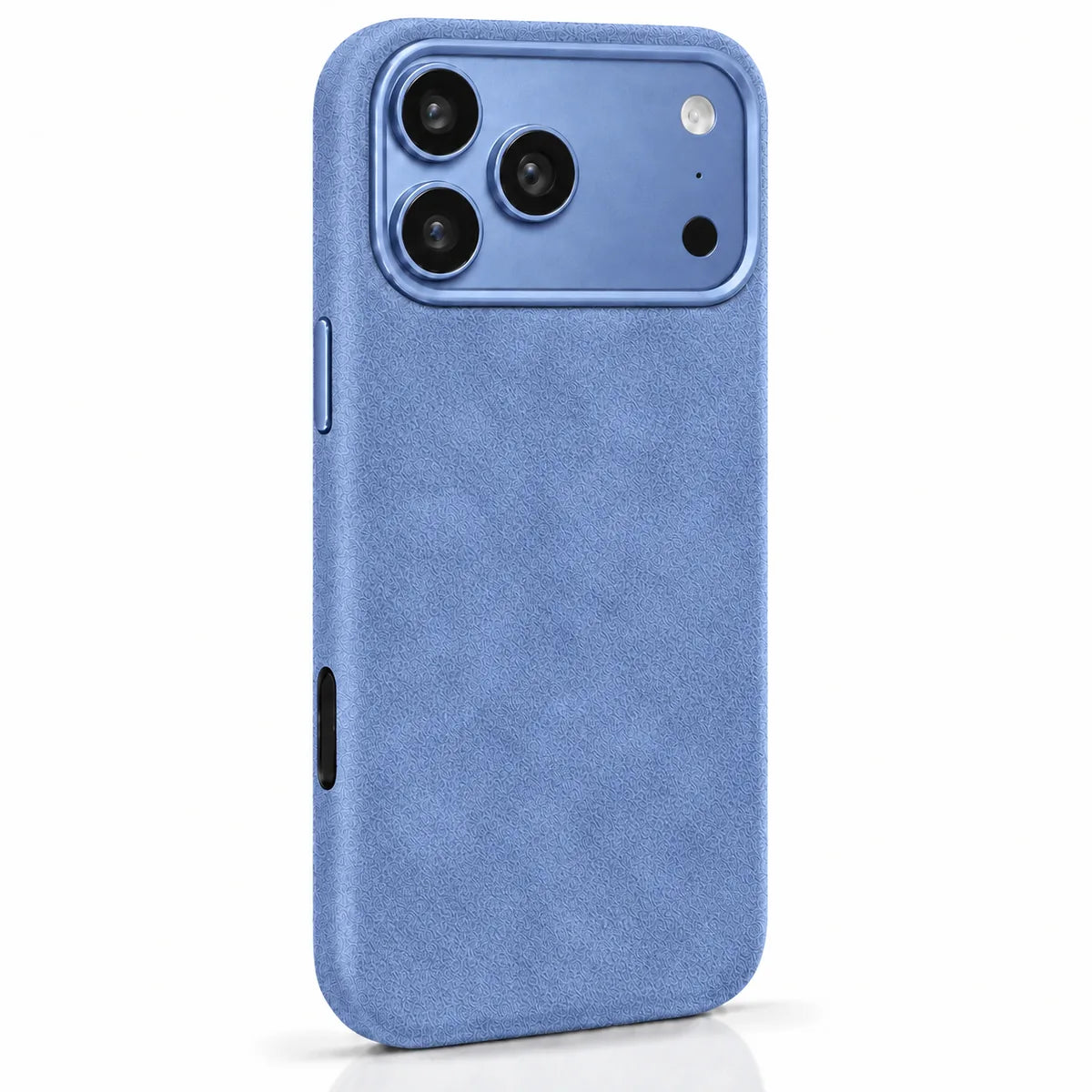 Light blue fabric phone case in a slightly angled rear view, showing the side controls. #color_Glacier