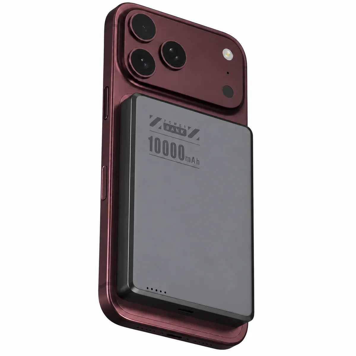 Midnight Black slim magnetic power bank on a Burgundy phone with a larger battery. #color_Midnight Black