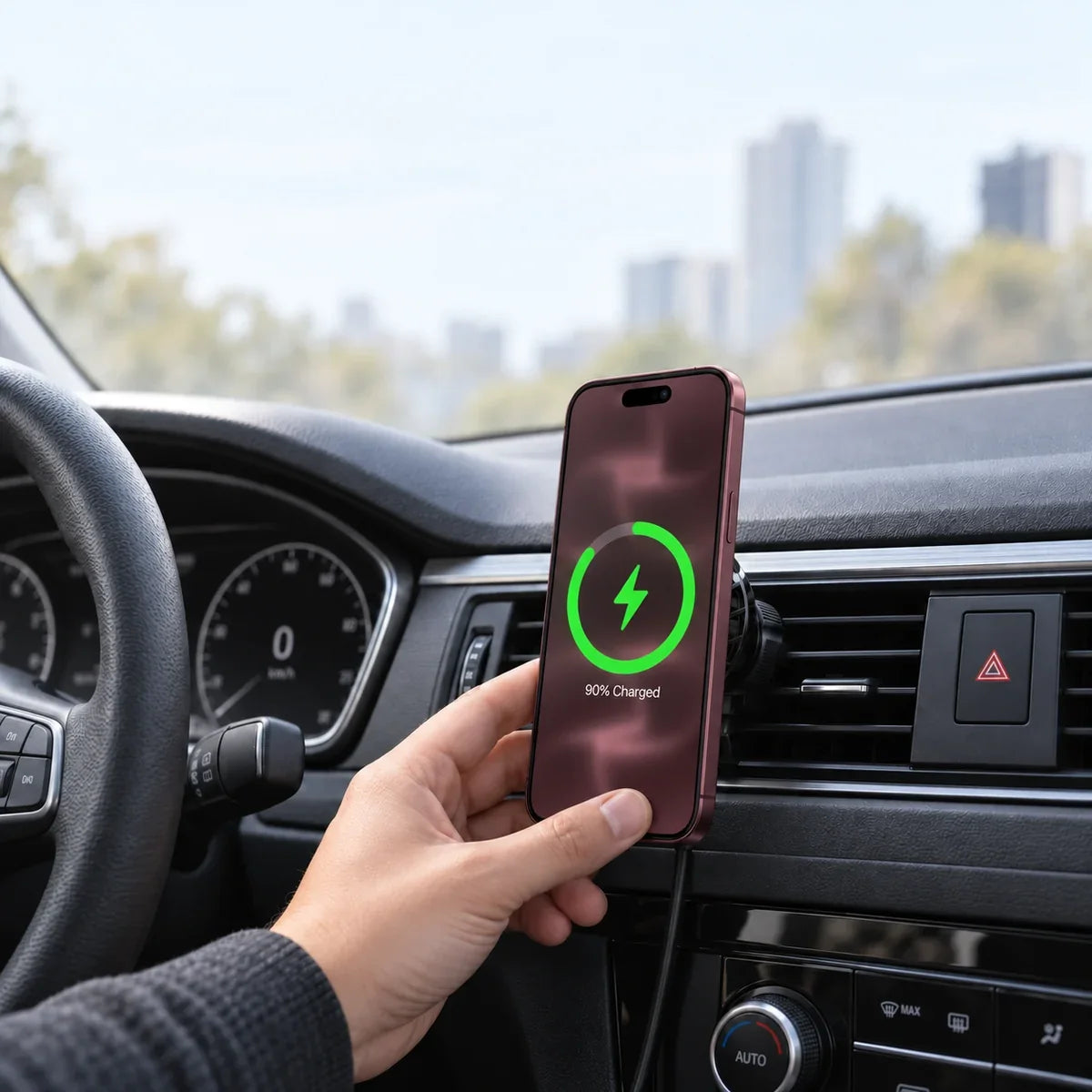 A hand placing a silver phone on a black magnetic vent charger in a parked car, with matching gray wallpaper and a green charging indicator.