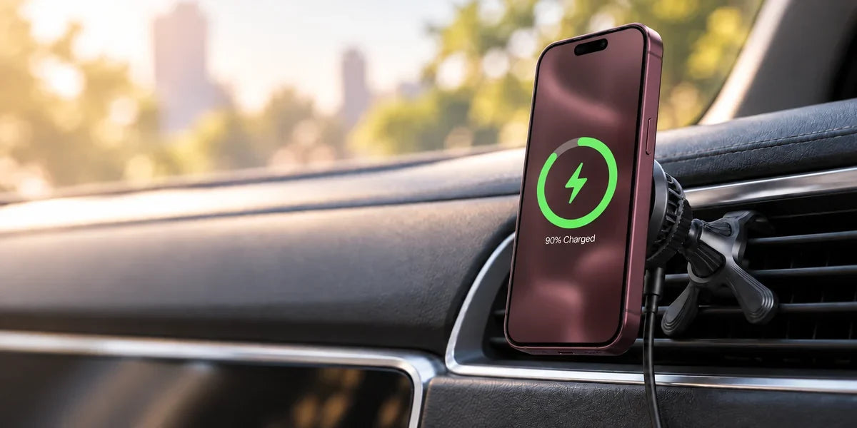 Silver iPhone with matching gray wallpaper and a green charging indicator mounted vertically on a black magnetic car charger.