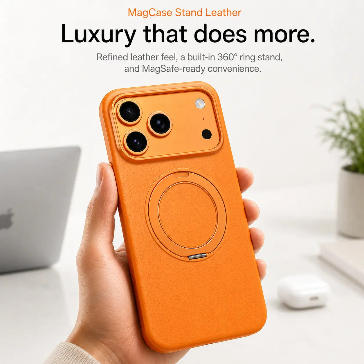 Leather iPhone case with rotating ring for a comfortable secure grip