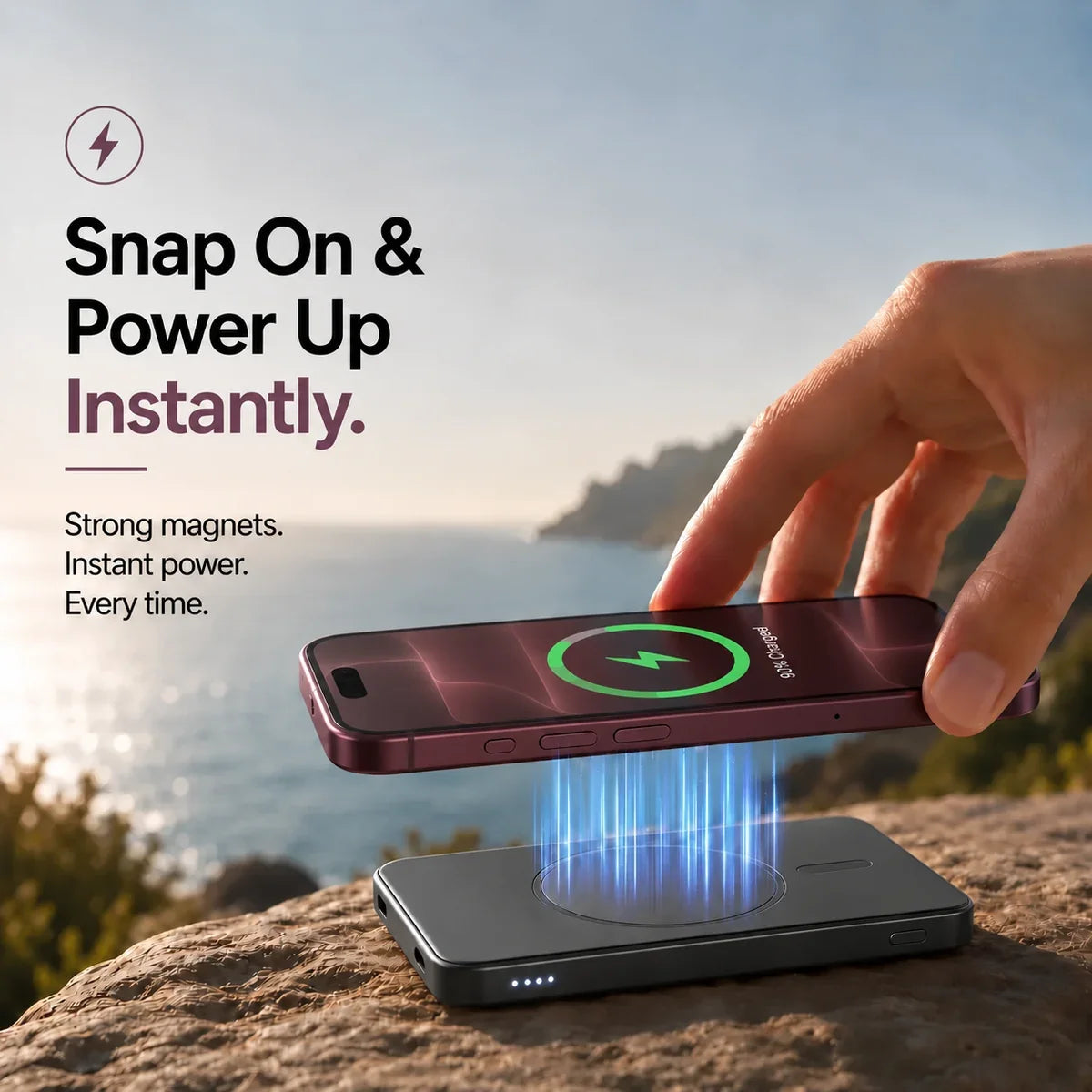 Midnight Black slim magnetic power bank with magnetic charging alignment. #color_Midnight Black
