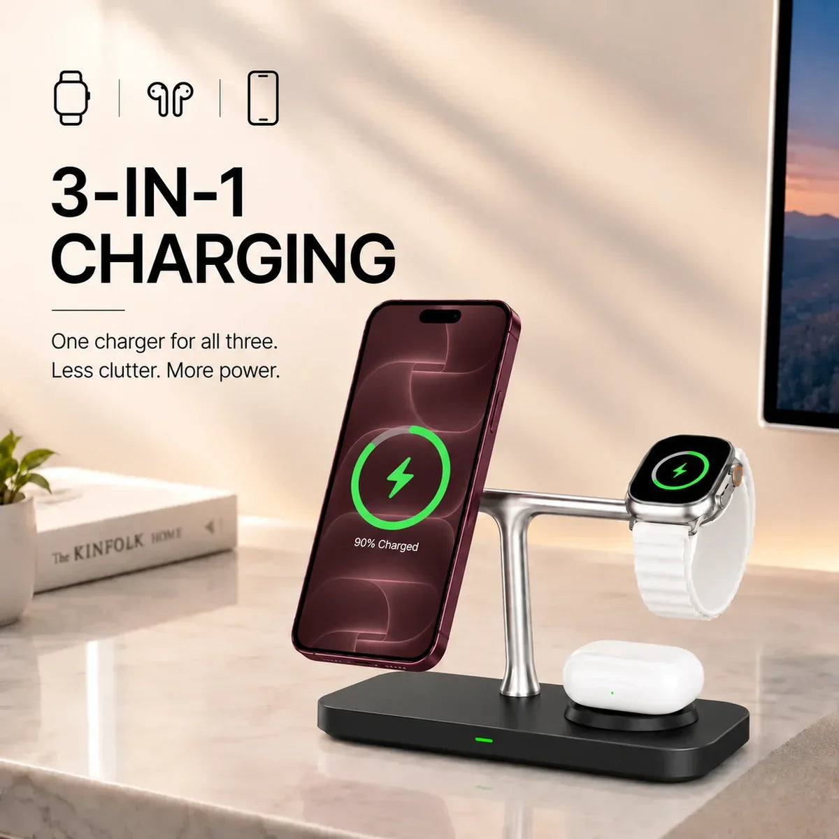 Midnight Black three device wireless charging station charging three devices together. #color_Midnight Black