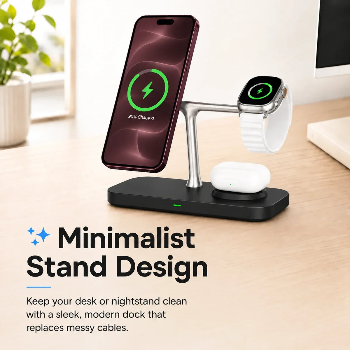 Midnight Black three device wireless charging station on a minimalist desk. #color_Midnight Black