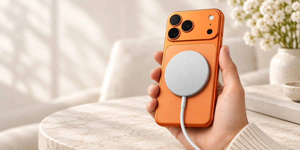 Apple MagSafe puck touching the center of an installed orange magnetic iPhone backplate.