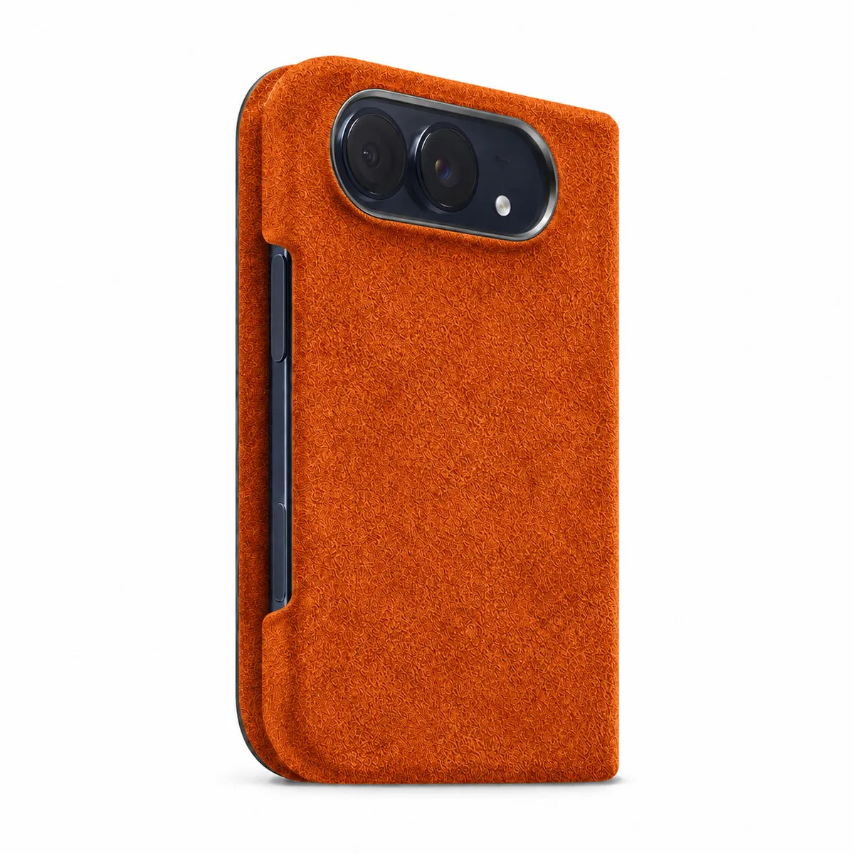 Cosmic Orange Alcantara folio case for iPhone Duo, angled rear view with a horizontal dual-camera opening #color_Cosmic Orange