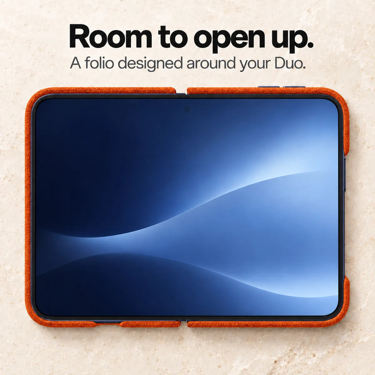 Cosmic Orange Alcantara folio case for iPhone Duo, fully unfolded phone with the folio case around its outer edges #color_Cosmic Orange