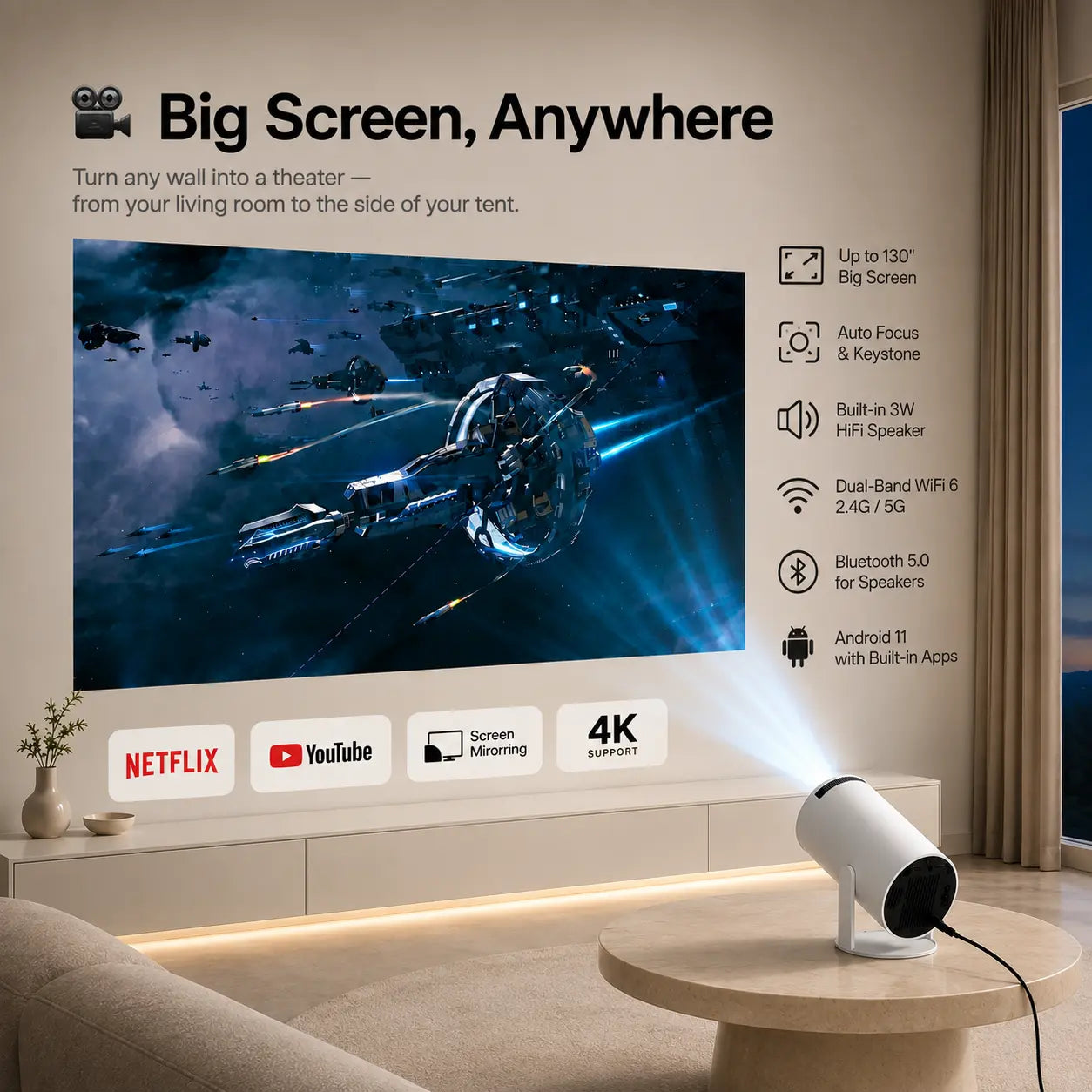 Compact portable projector for movies and TV
