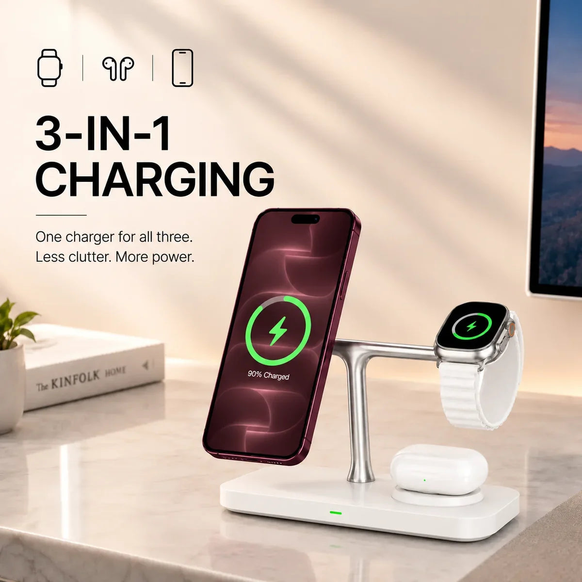 Arctic White three device wireless charging station charging three devices together. #color_Arctic White