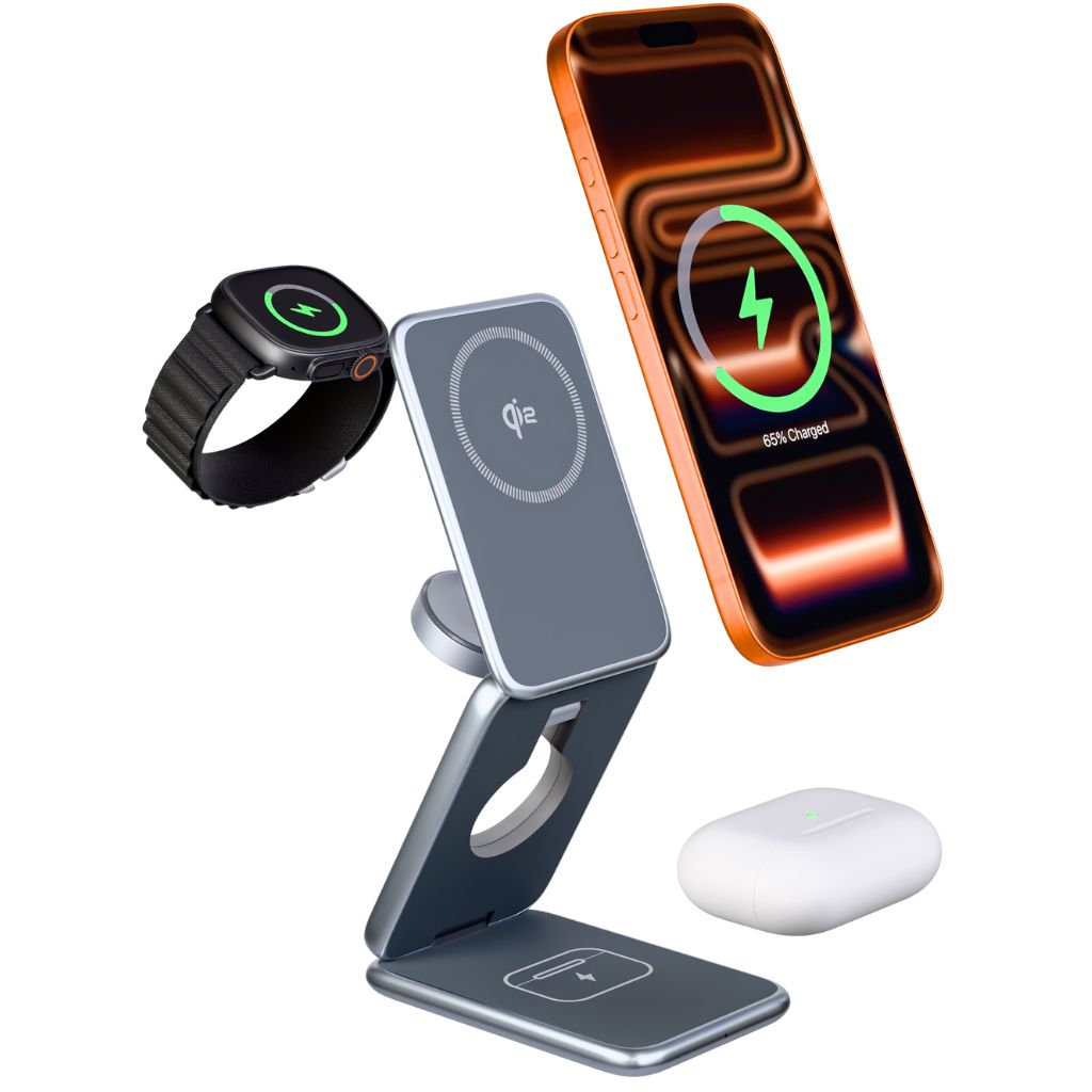 Qi2 foldable wireless charging station architecture