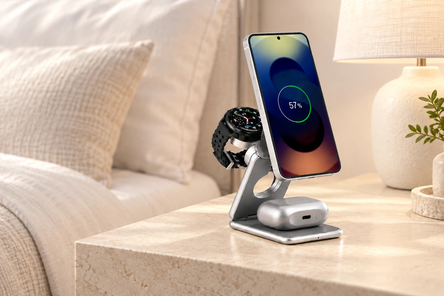 Silver folding stand charging a phone, round watch and earbuds beside a lamp.