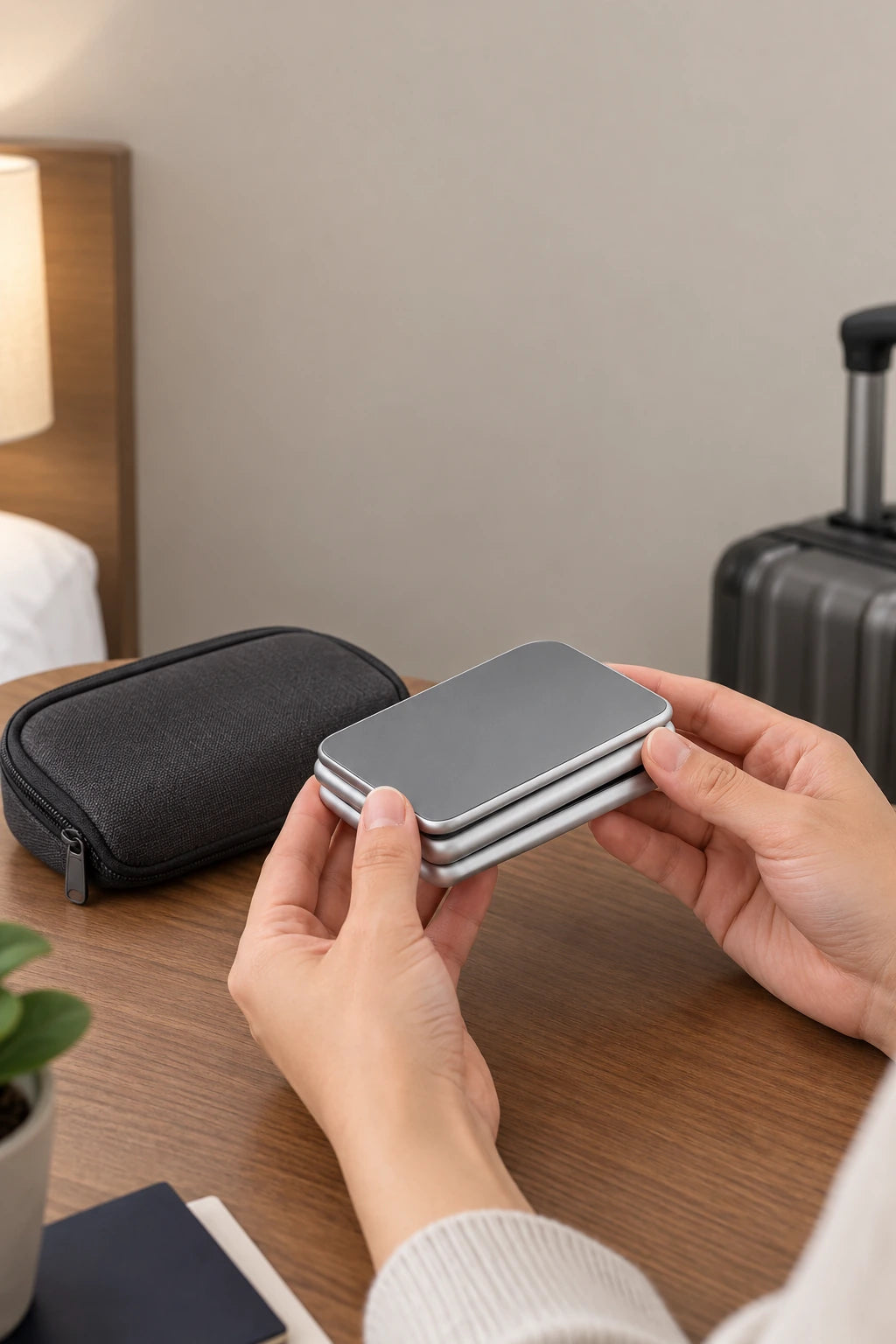 Hands holding a silver charging stand folded into its flat three-layer shape.