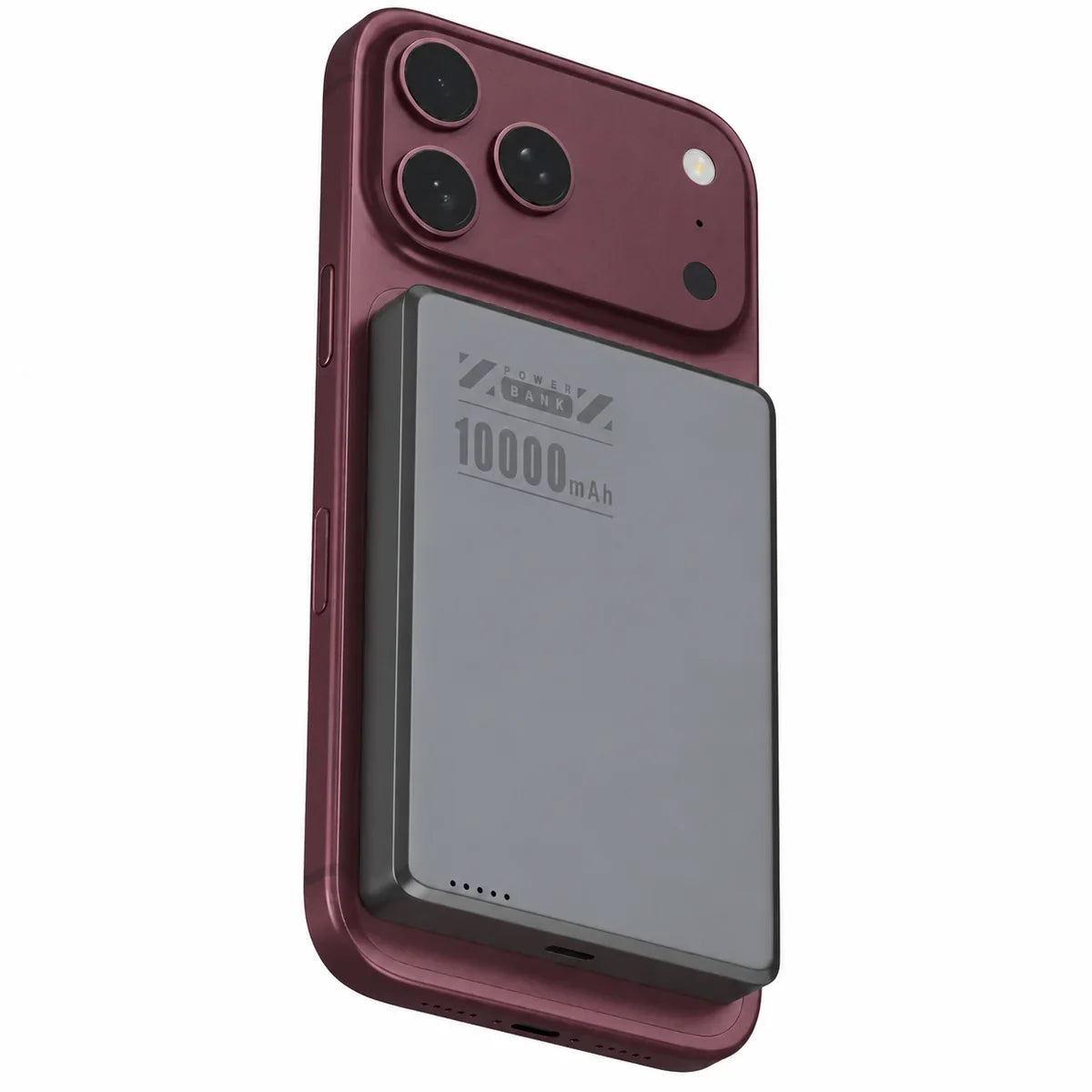 Midnight Black slim magnetic power bank on a Burgundy phone with a larger battery. #color_Midnight Black