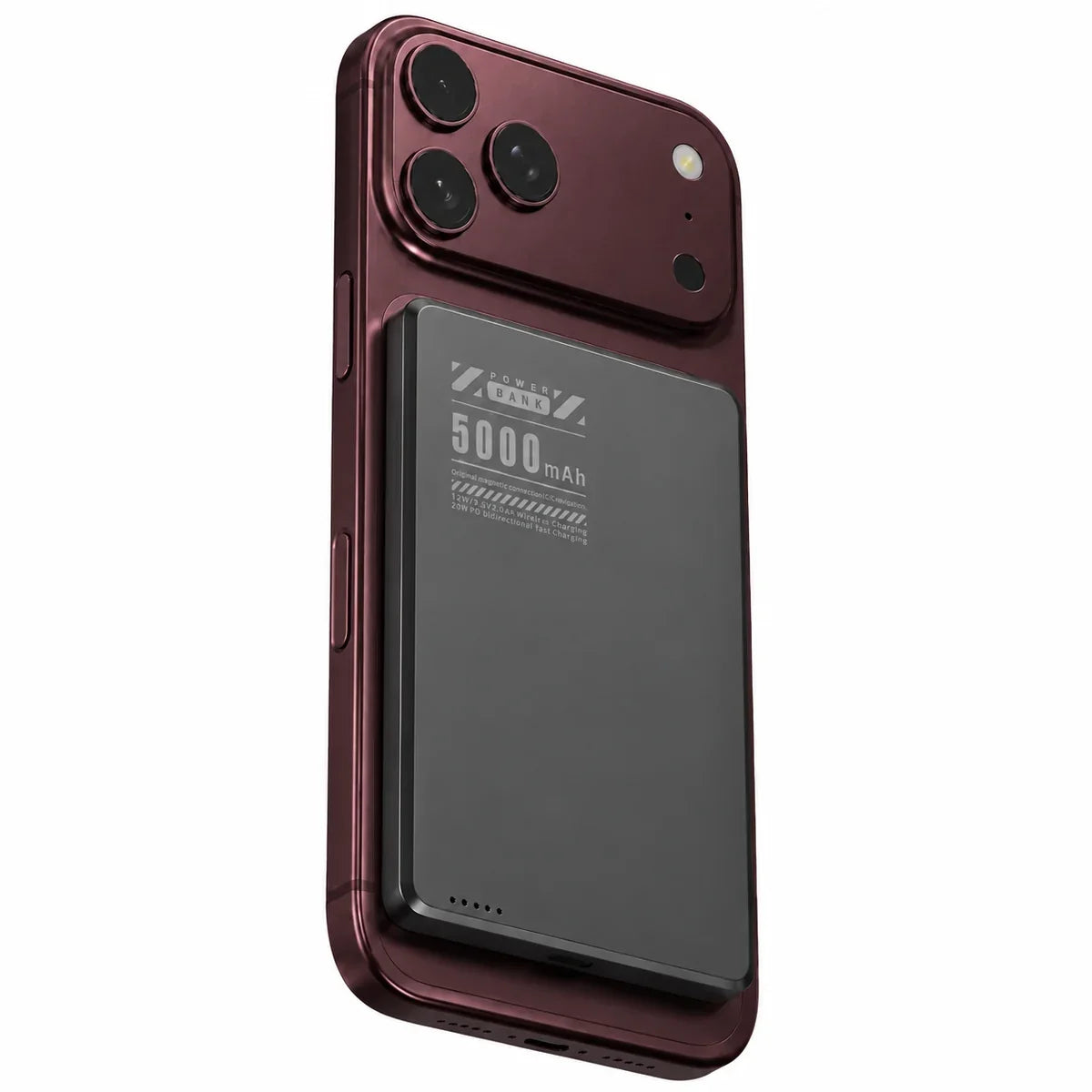 Midnight Black slim magnetic power bank on a Burgundy phone with a compact battery. #color_Midnight Black