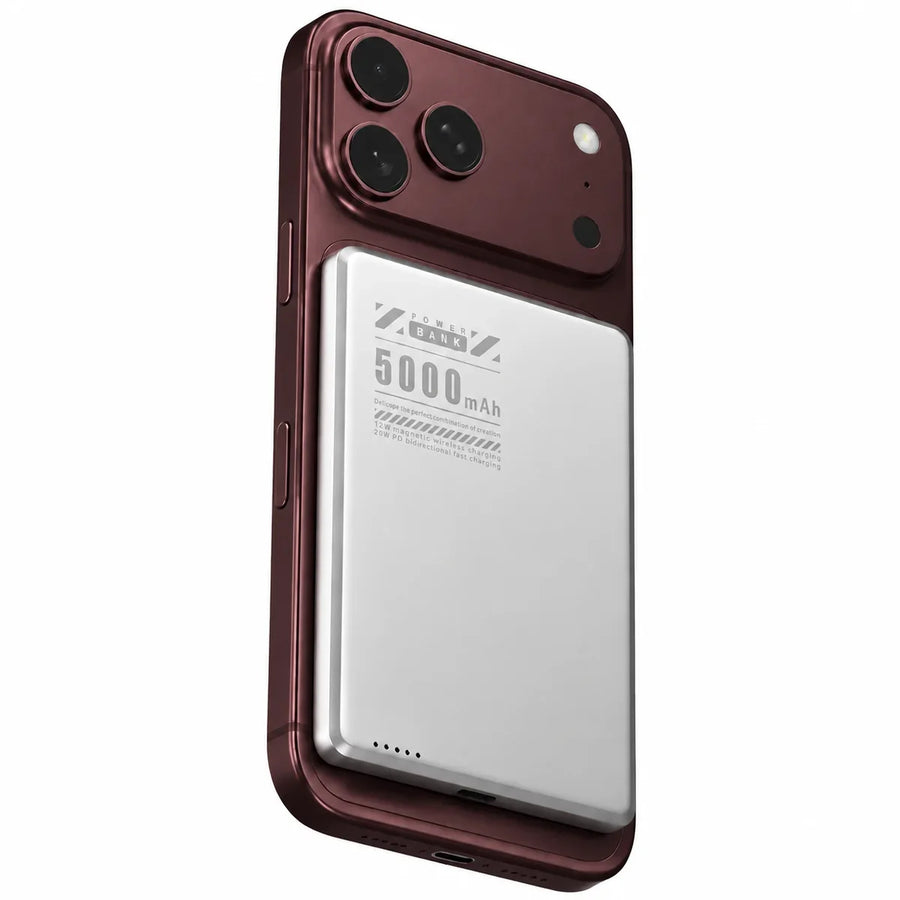 Titanium Stone Gray slim magnetic power bank on a Burgundy phone with a compact battery.