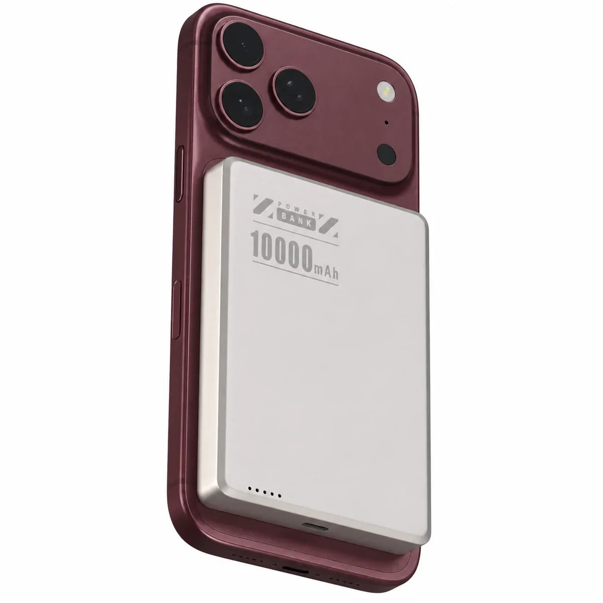 Titanium Stone Gray slim magnetic power bank on a Burgundy phone with a larger battery. #color_Titanium Stone Gray