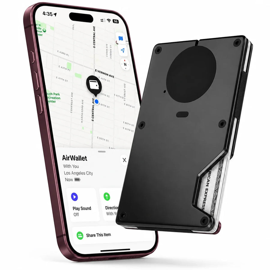 Obsidian Black tracker wallet beside a Burgundy iPhone showing the wallet location in Find My.