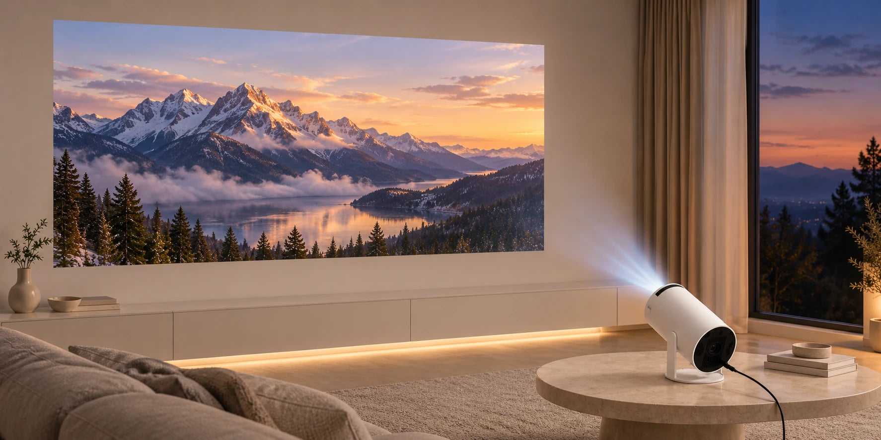 White mini projector projecting a landscape onto a wall.