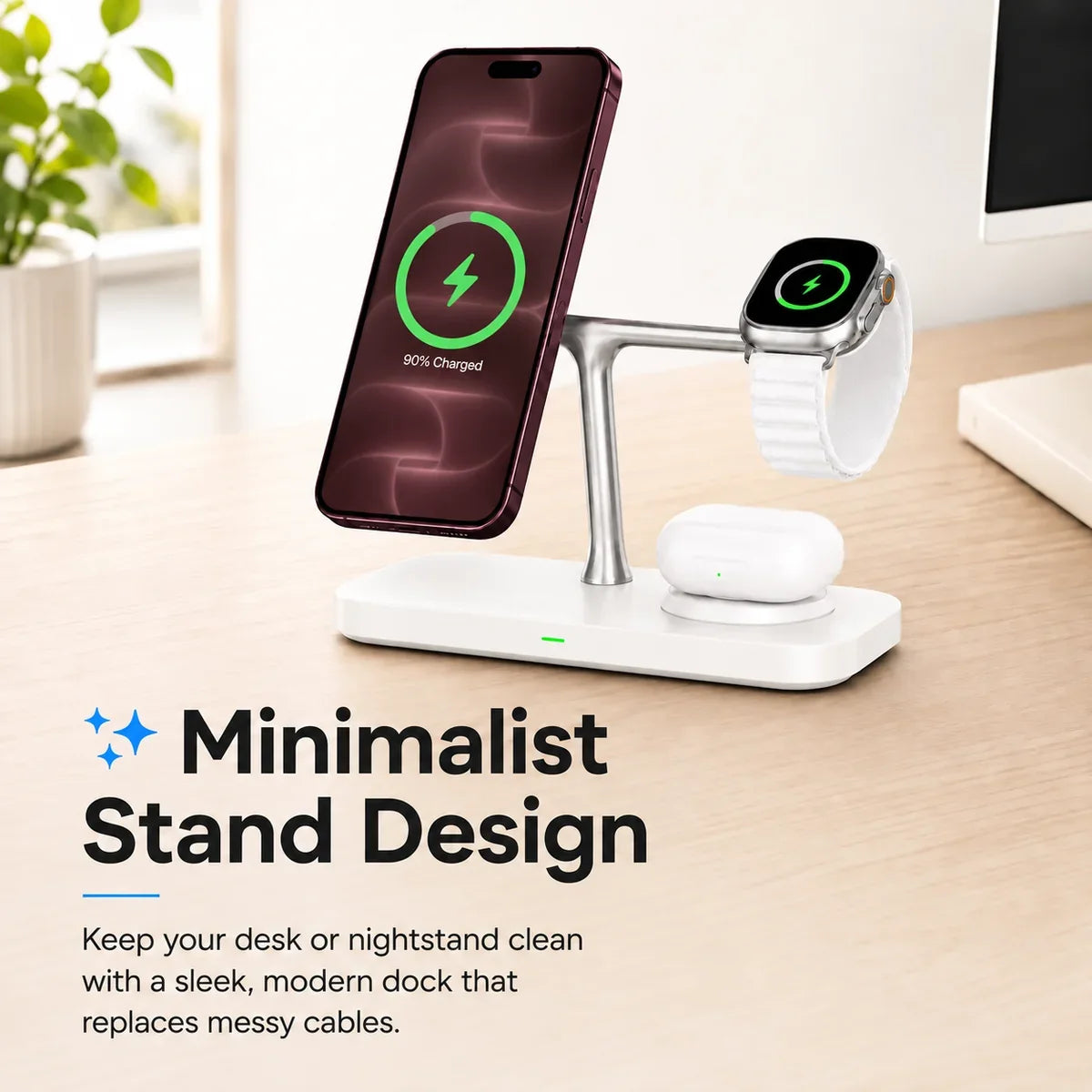 Arctic White three device wireless charging station on a minimalist desk. #color_Arctic White
