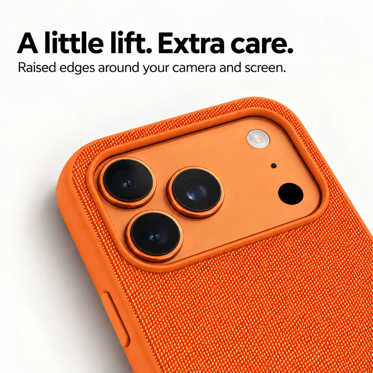 Close view of the raised camera surround and woven fabric on a Cosmic Orange phone case. #color_Cosmic Orange