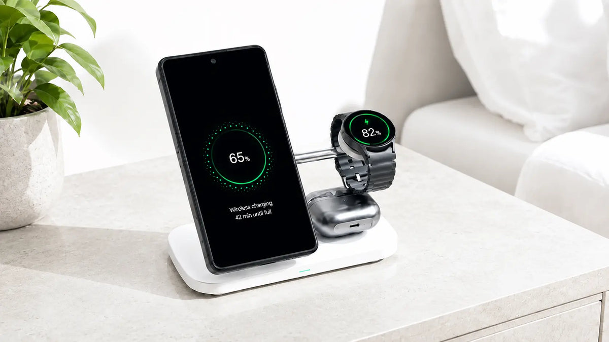 White 3-in-1 charging station with a Galaxy phone, watch and earbuds case on a bedside table
