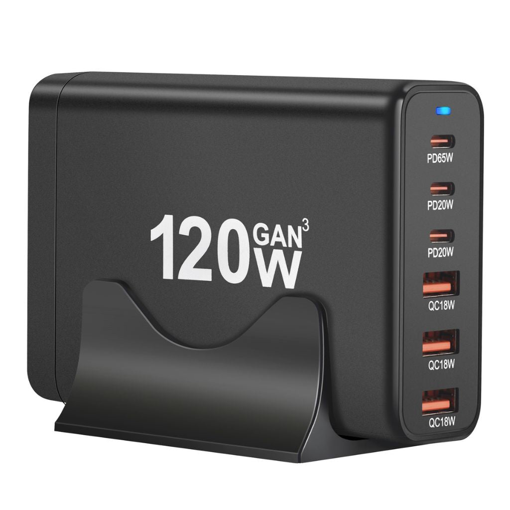 120W GaN 6-Port USB-C Charger with advanced GaN technology, featuring three USB-C PD ports and three USB-A QC 3.0 ports for fast and efficient multi-device charging. Compact and lightweight design suitable for home, office, and travel use.